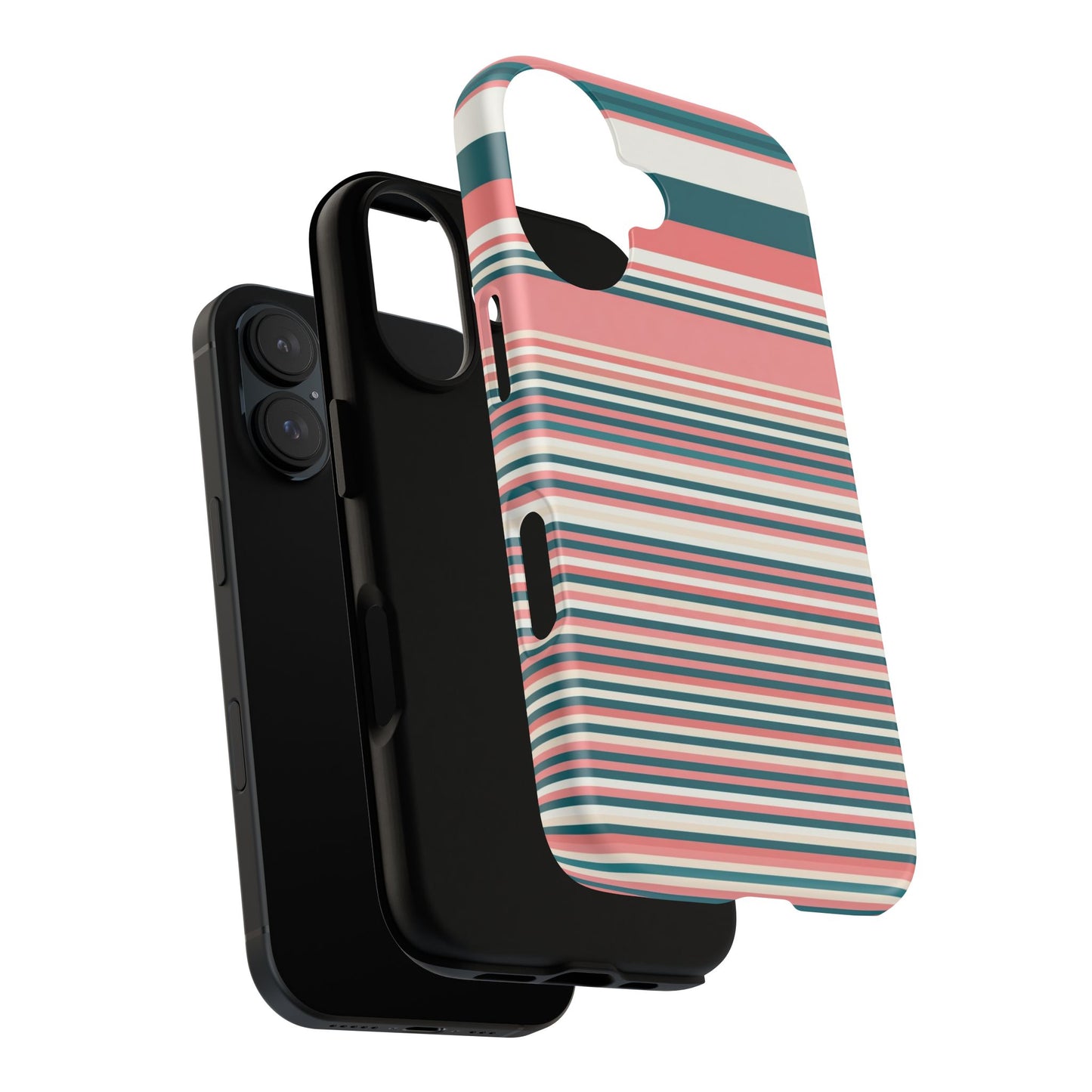Striped Tough Phone Case — Coral, Teal & White Protective Cover
