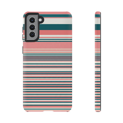 Striped Tough Phone Case — Coral, Teal & White Protective Cover