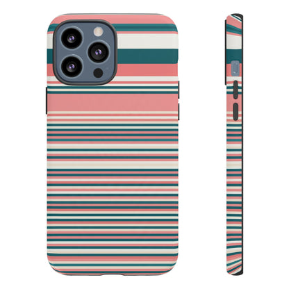 Striped Tough Phone Case — Coral, Teal & White Protective Cover