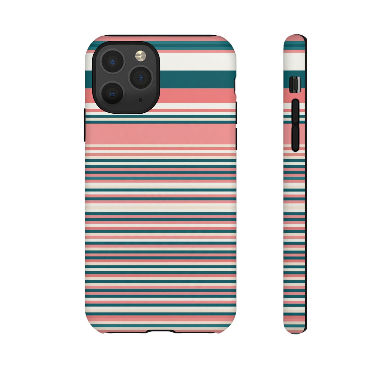 Striped Tough Phone Case — Coral, Teal & White Protective Cover