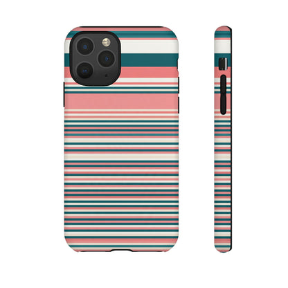 Striped Tough Phone Case — Coral, Teal & White Protective Cover