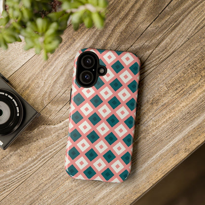 Geometric Diamond Pattern Tough Phone Case — Pink & Teal Protective Cover
