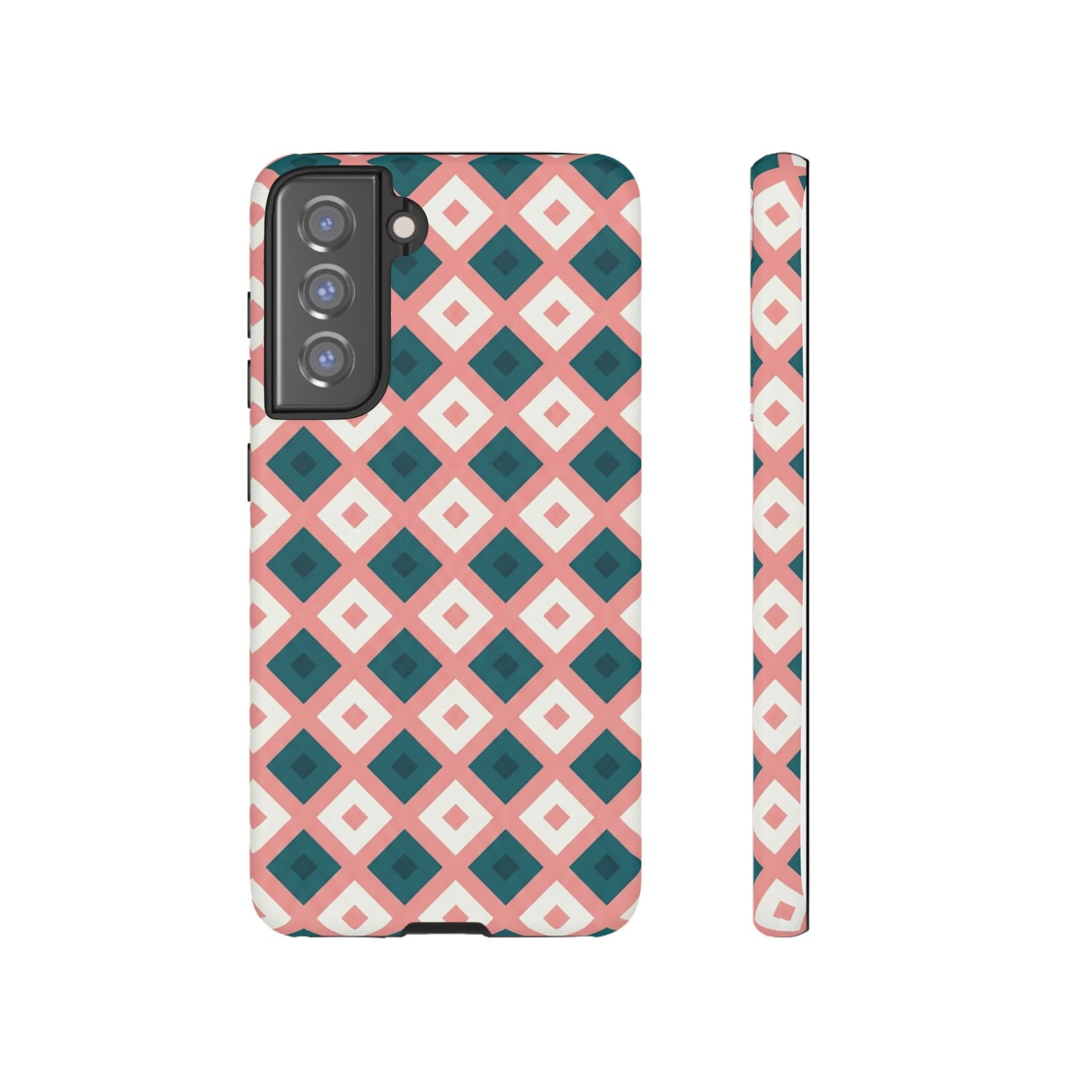 Geometric Diamond Pattern Tough Phone Case — Retro Pink & Teal Protective Cover