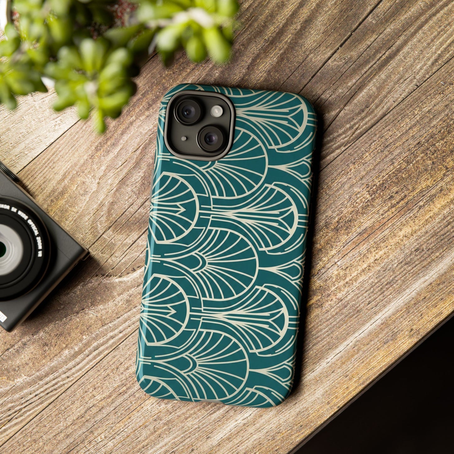 Art Deco Teal Pattern Tough Phone Case — Vintage Geometric Protective Case