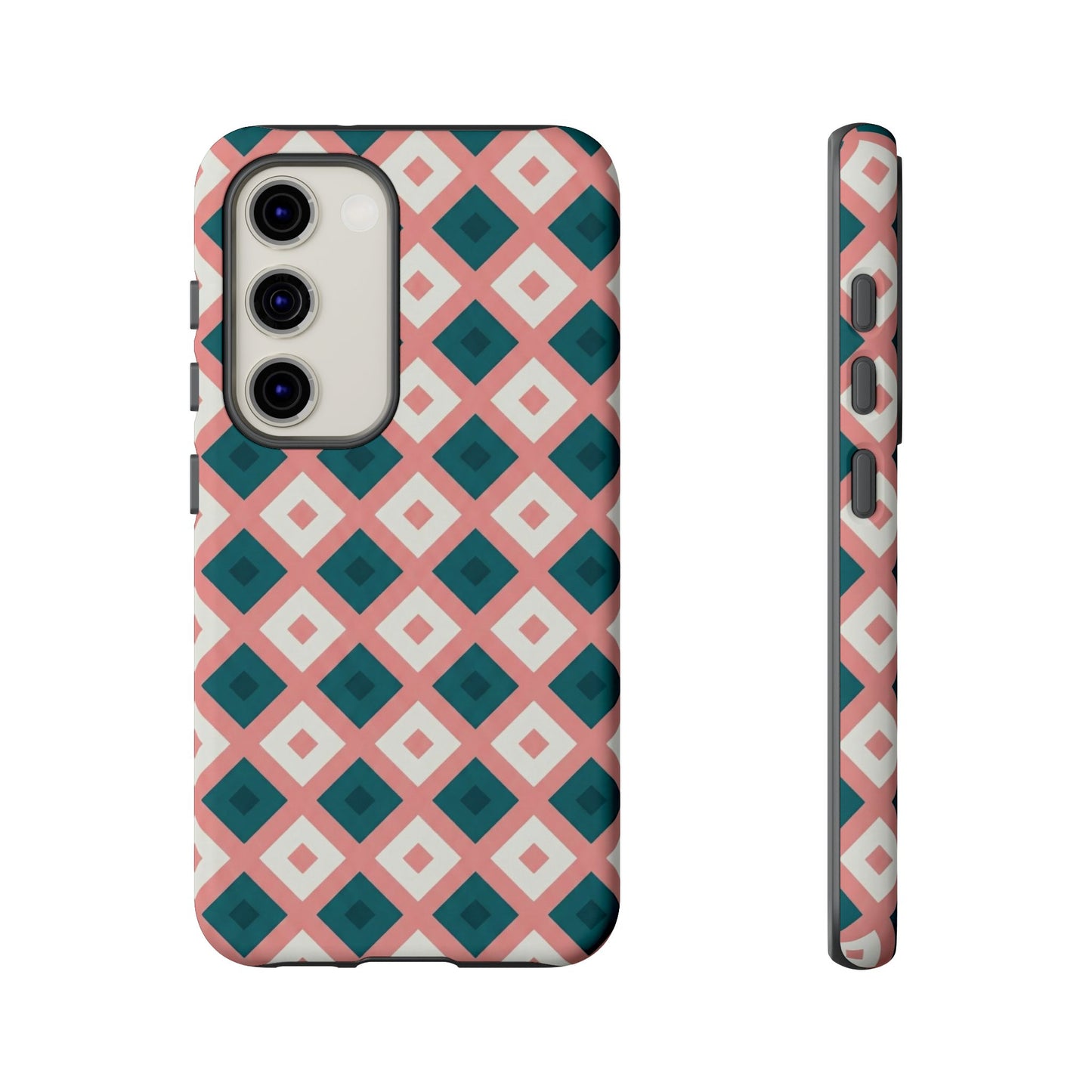 Geometric Diamond Pattern Tough Phone Case — Retro Pink & Teal Protective Cover