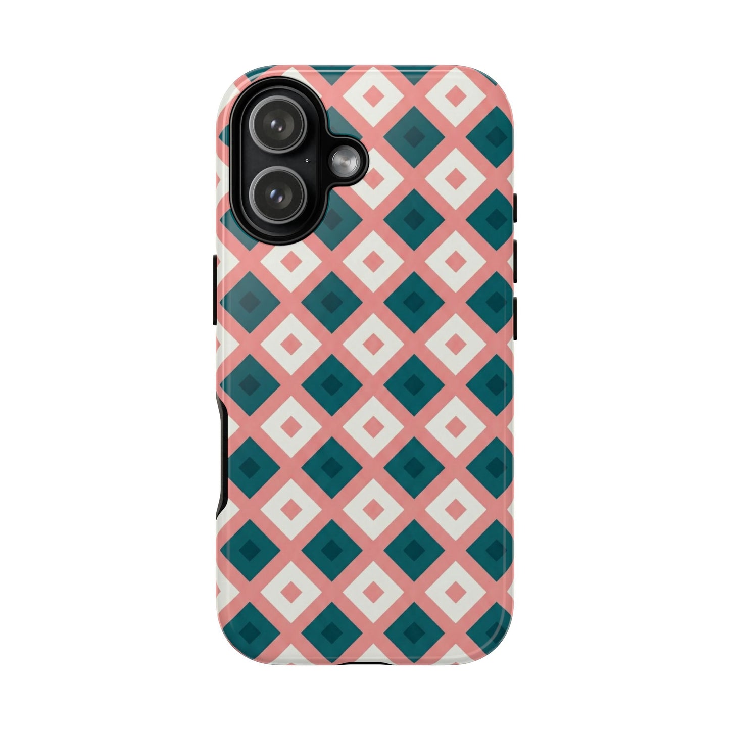 Geometric Diamond Pattern Tough Phone Case — Pink & Teal Protective Cover