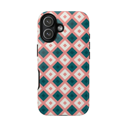 Geometric Diamond Pattern Tough Phone Case — Pink & Teal Protective Cover