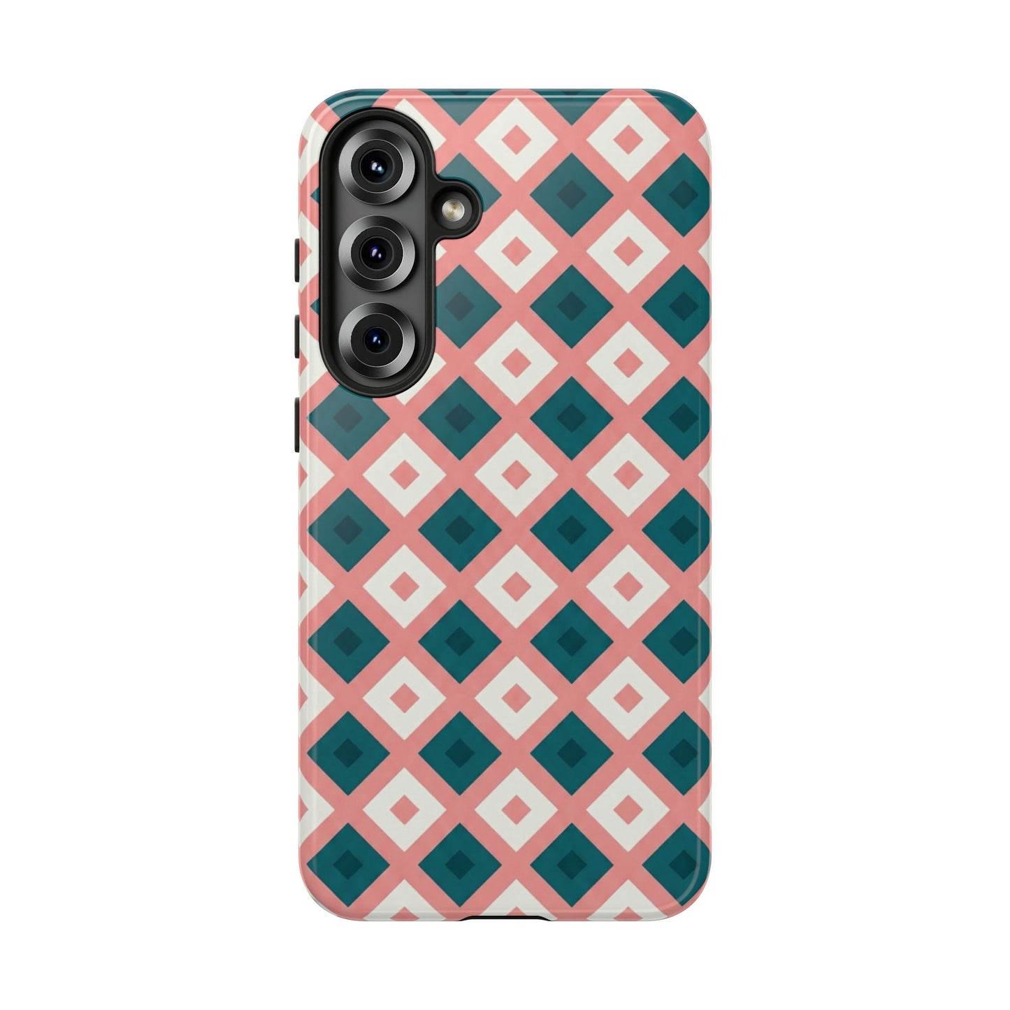 Geometric Diamond Pattern Tough Phone Case — Retro Pink & Teal Protective Cover