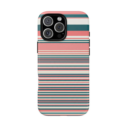 Striped Tough Phone Case — Coral, Teal & White Protective Cover