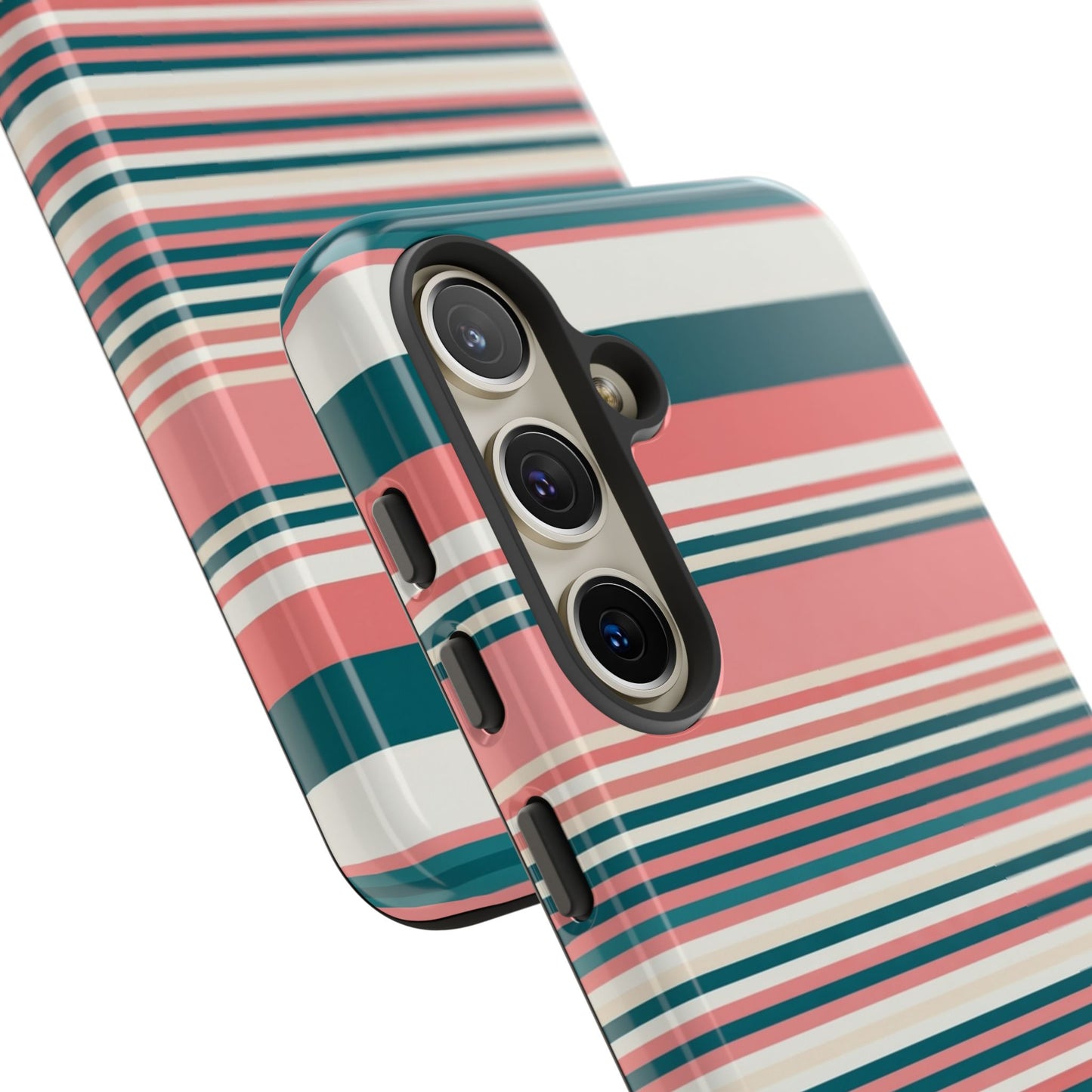 Striped Tough Phone Case — Coral, Teal & White Protective Cover