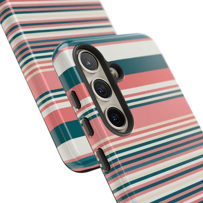 Striped Tough Phone Case — Coral, Teal & White Protective Cover