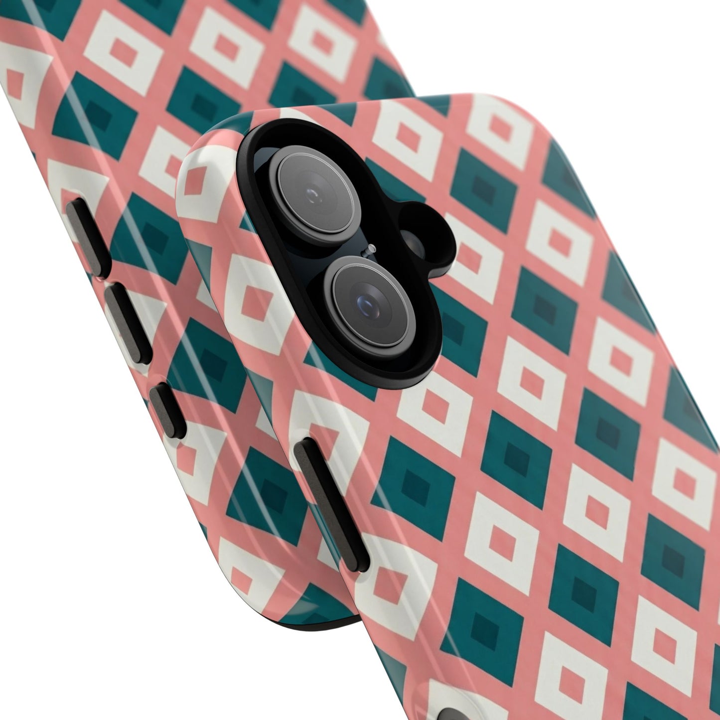 Geometric Diamond Pattern Tough Phone Case — Retro Pink & Teal Protective Cover
