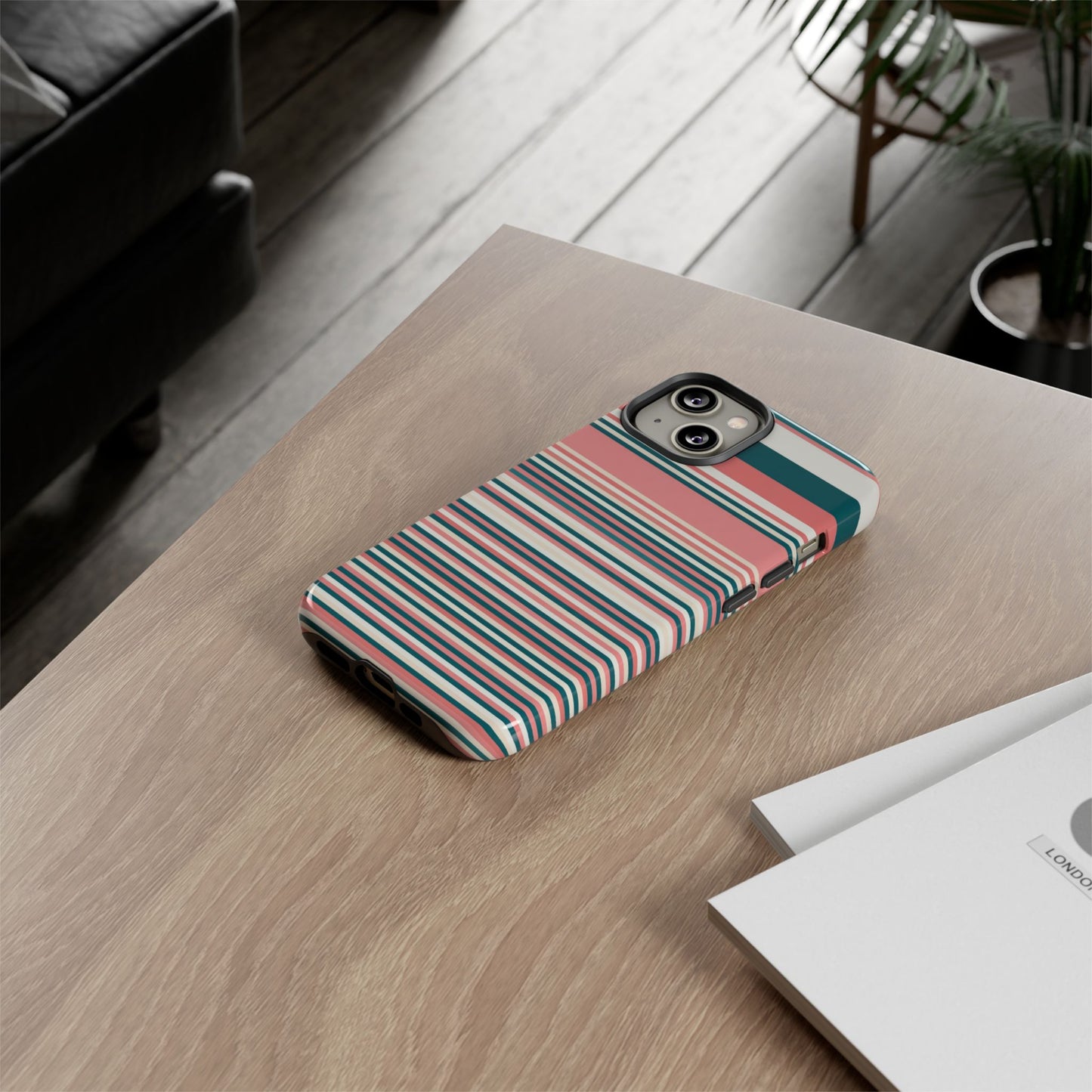 Striped Tough Phone Case — Coral, Teal & White Protective Cover