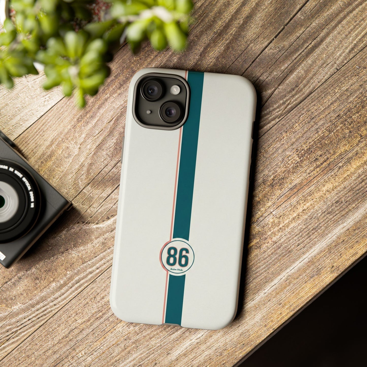 Racing Stripe Tough Phone Case — Retro White With '86 Circle Badge