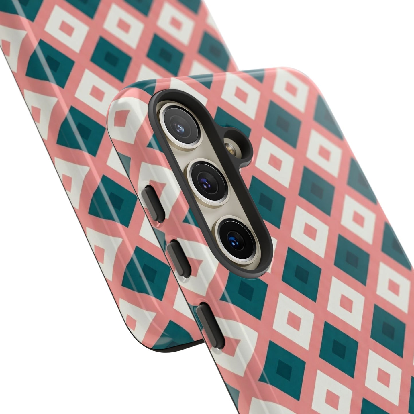 Geometric Diamond Pattern Tough Phone Case — Retro Pink & Teal Protective Cover