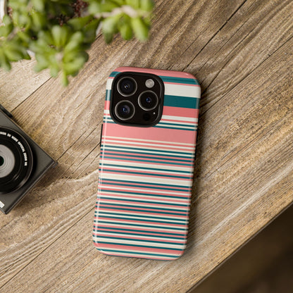 Striped Tough Phone Case — Coral, Teal & White Protective Cover
