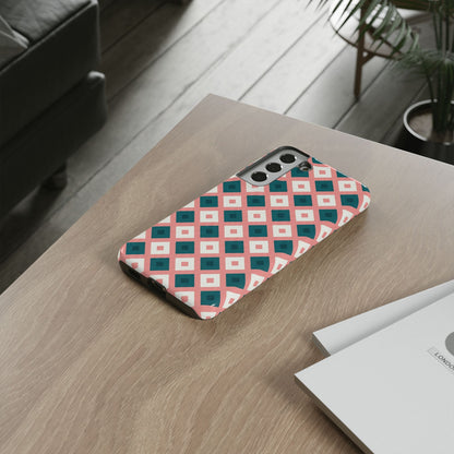 Geometric Diamond Pattern Tough Phone Case — Retro Pink & Teal Protective Cover