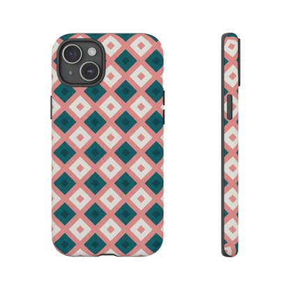 Geometric Diamond Pattern Tough Phone Case — Pink & Teal Protective Cover