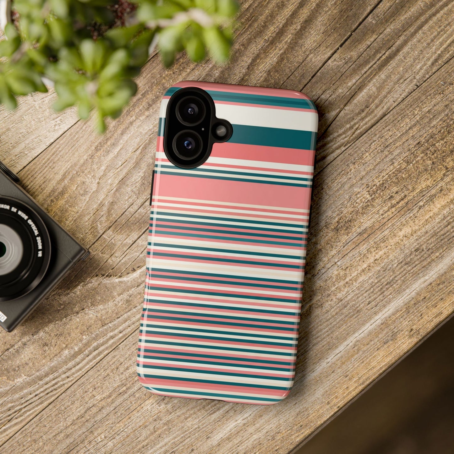 Striped Tough Phone Case — Coral, Teal & White Protective Cover