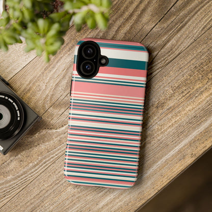 Striped Tough Phone Case — Coral, Teal & White Protective Cover