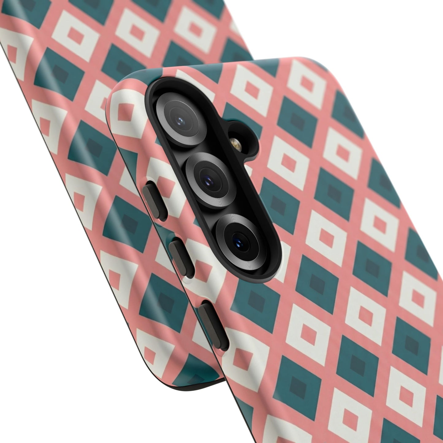 Geometric Diamond Pattern Tough Phone Case — Retro Pink & Teal Protective Cover