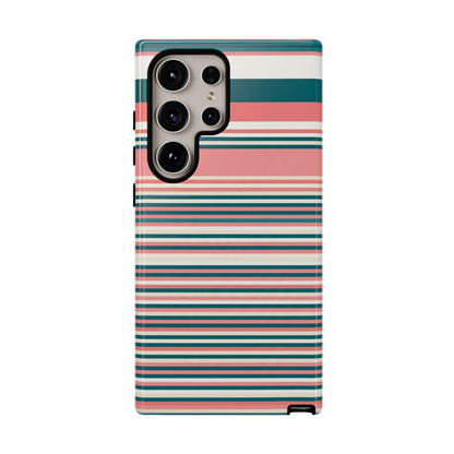 Striped Tough Phone Case — Coral, Teal & White Protective Cover