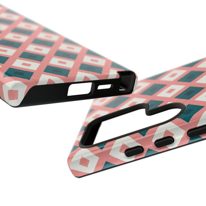 Geometric Diamond Pattern Tough Phone Case — Retro Pink & Teal Protective Cover
