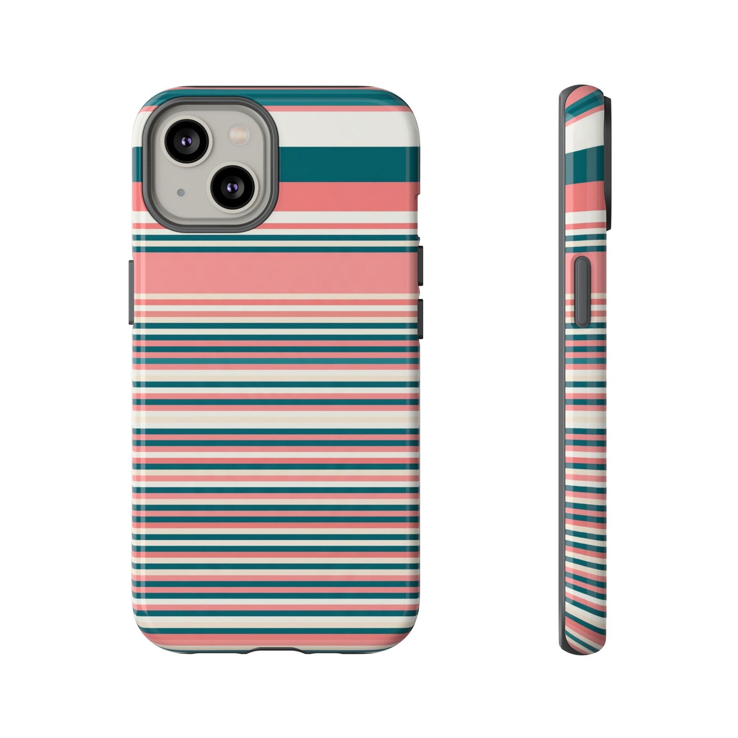 Striped Tough Phone Case — Coral, Teal & White Protective Cover
