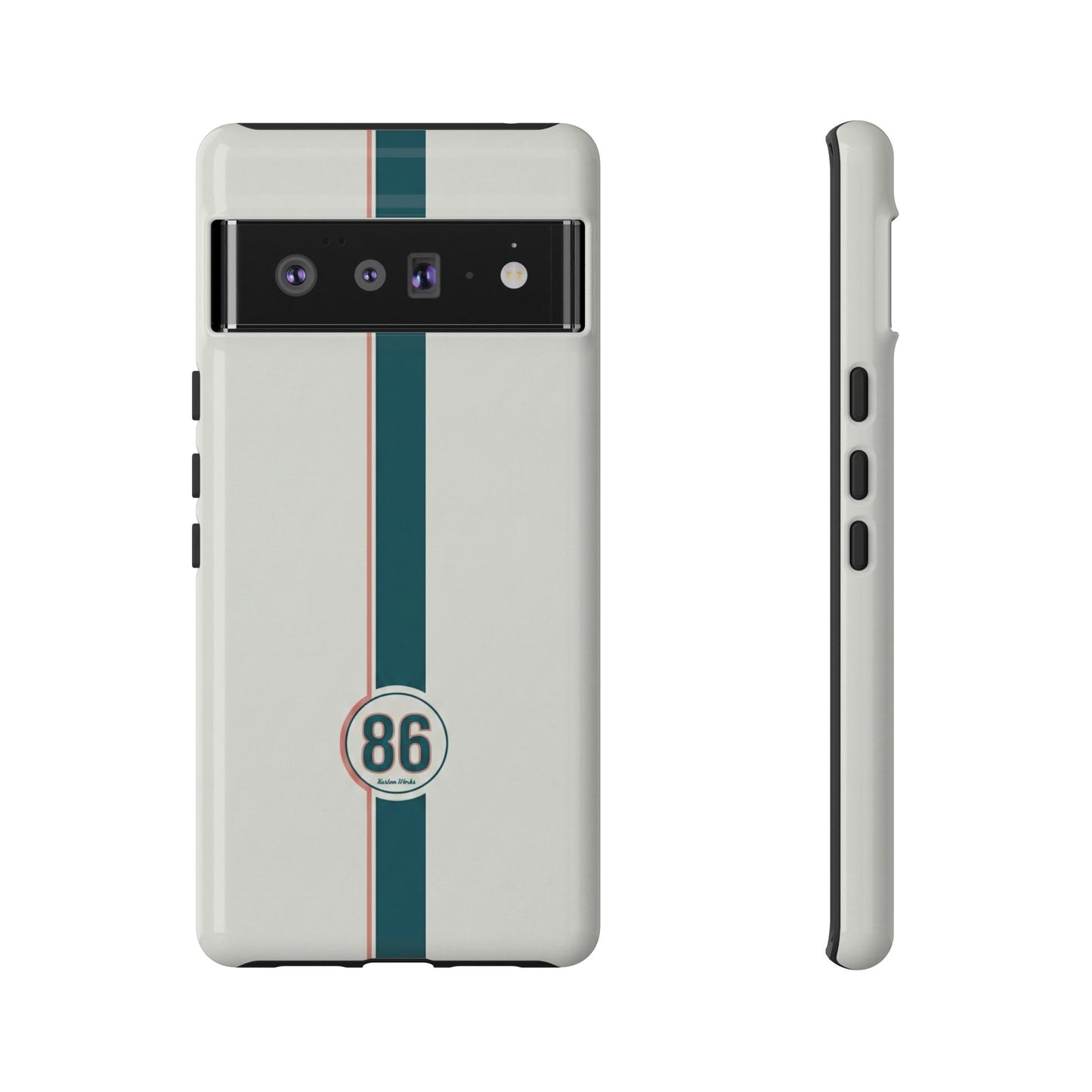 Racing Stripe Tough Phone Case — Retro White With '86 Circle Badge