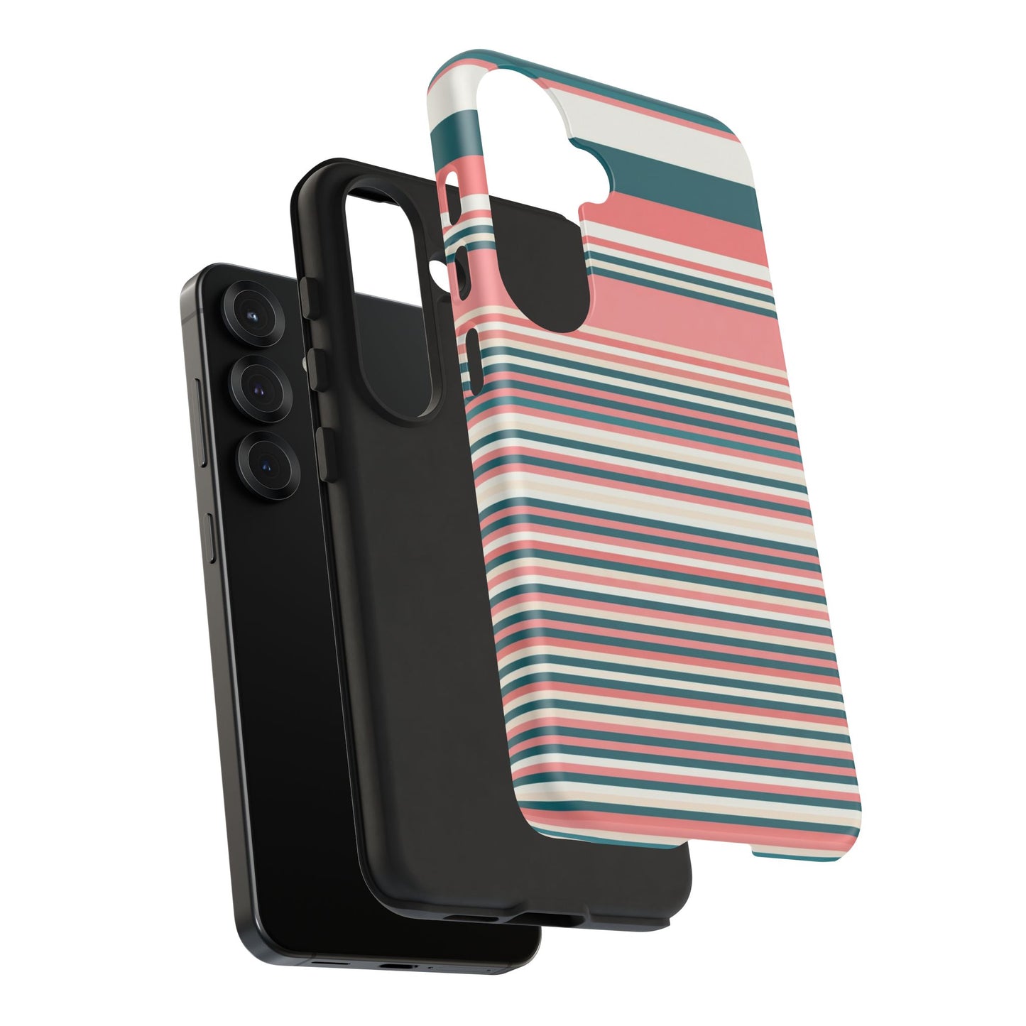 Striped Tough Phone Case — Coral, Teal & White Protective Cover