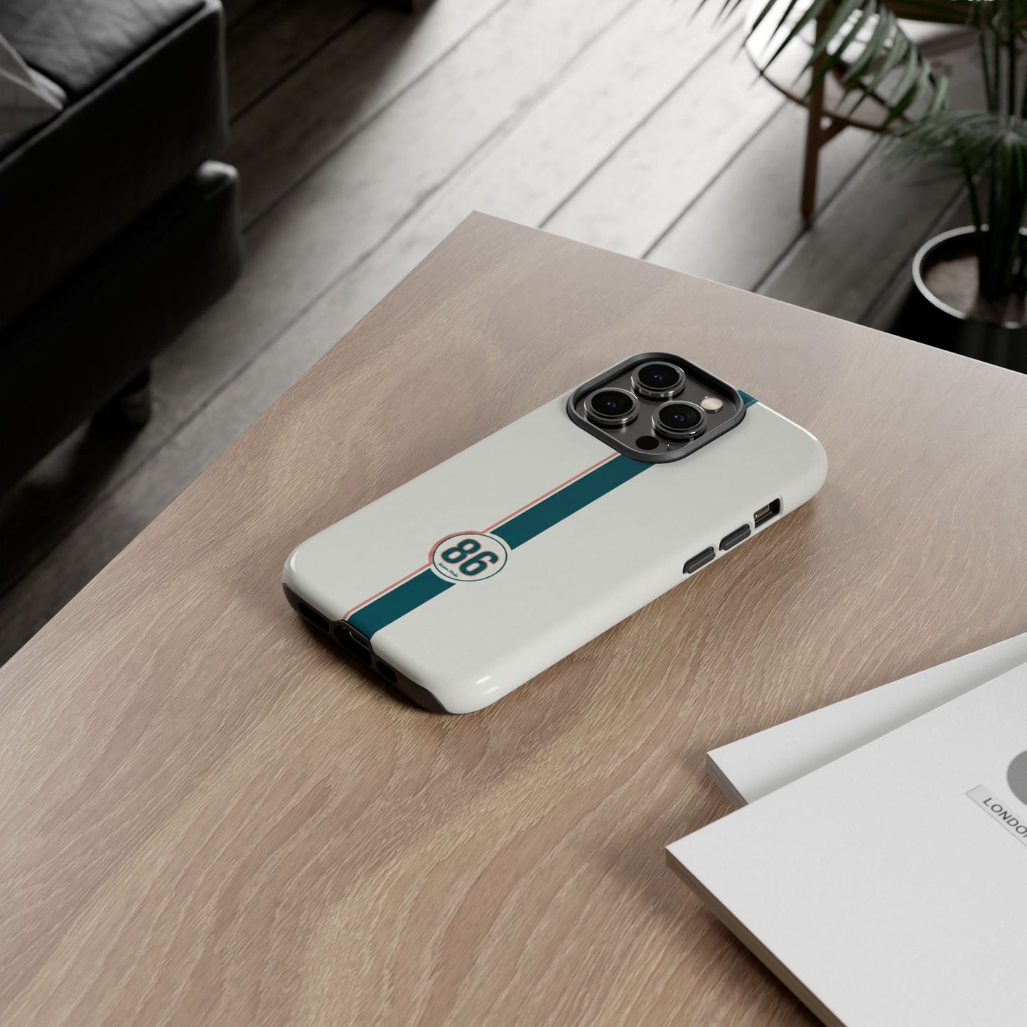 Racing Stripe Tough Phone Case — Retro White With '86 Circle Badge