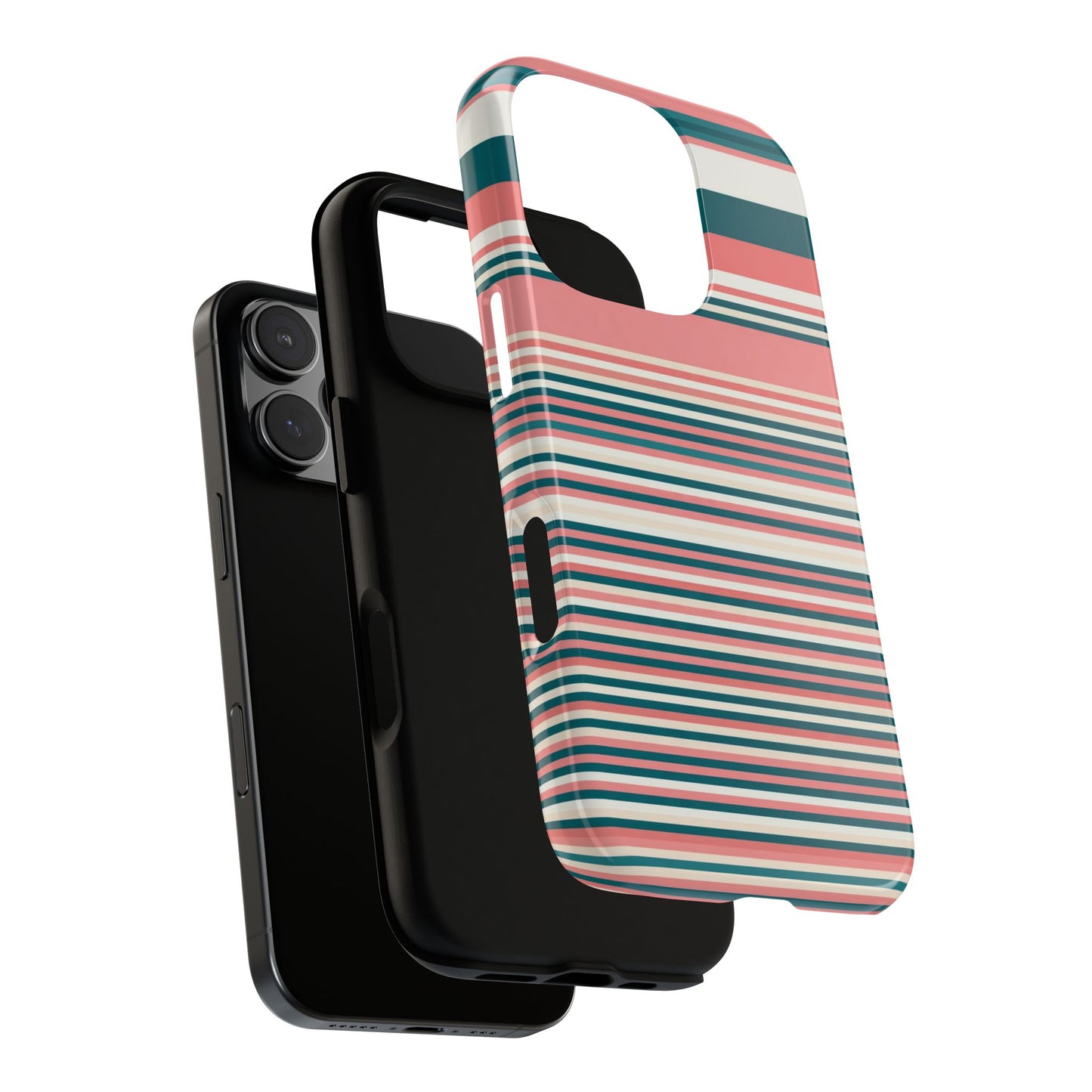Striped Tough Phone Case — Coral, Teal & White Protective Cover