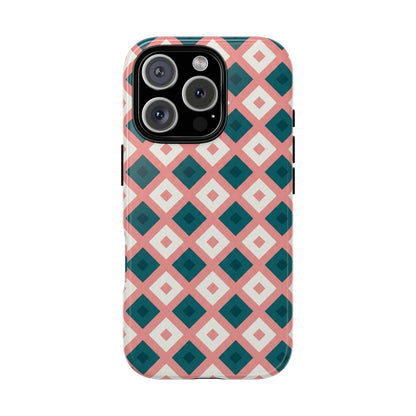 Geometric Diamond Pattern Tough Phone Case — Pink & Teal Protective Cover