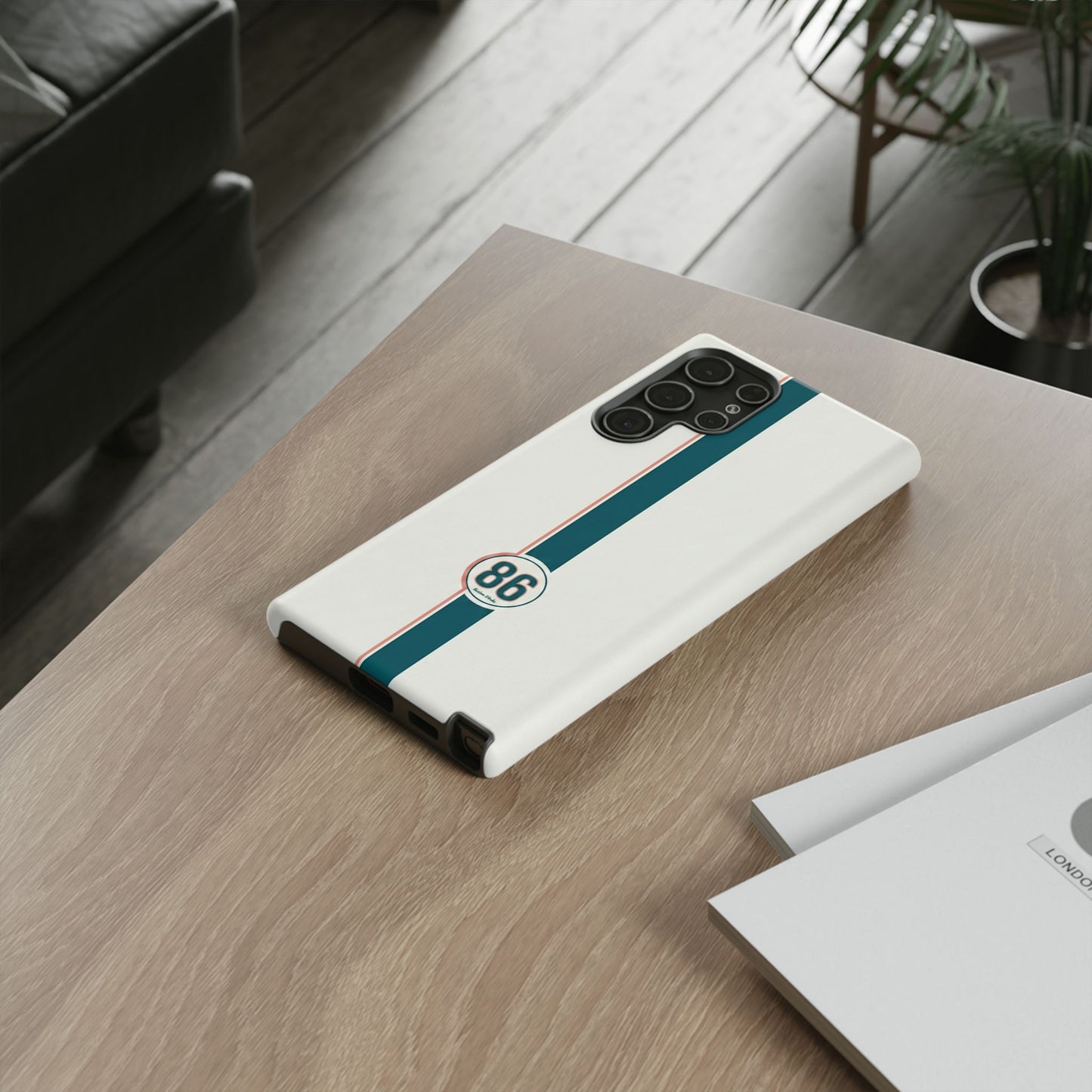 Racing Stripe Tough Phone Case — Retro White With '86 Circle Badge