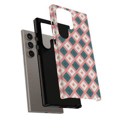 Geometric Diamond Pattern Tough Phone Case — Retro Pink & Teal Protective Cover