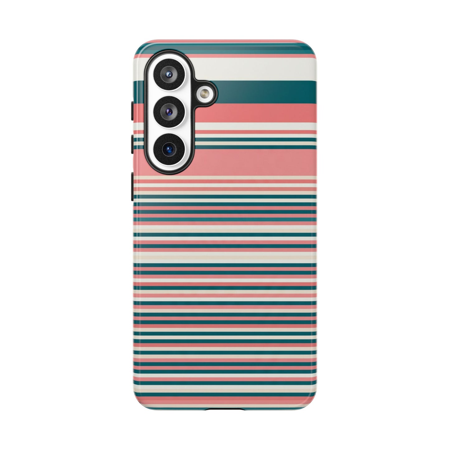 Striped Tough Phone Case — Coral, Teal & White Protective Cover