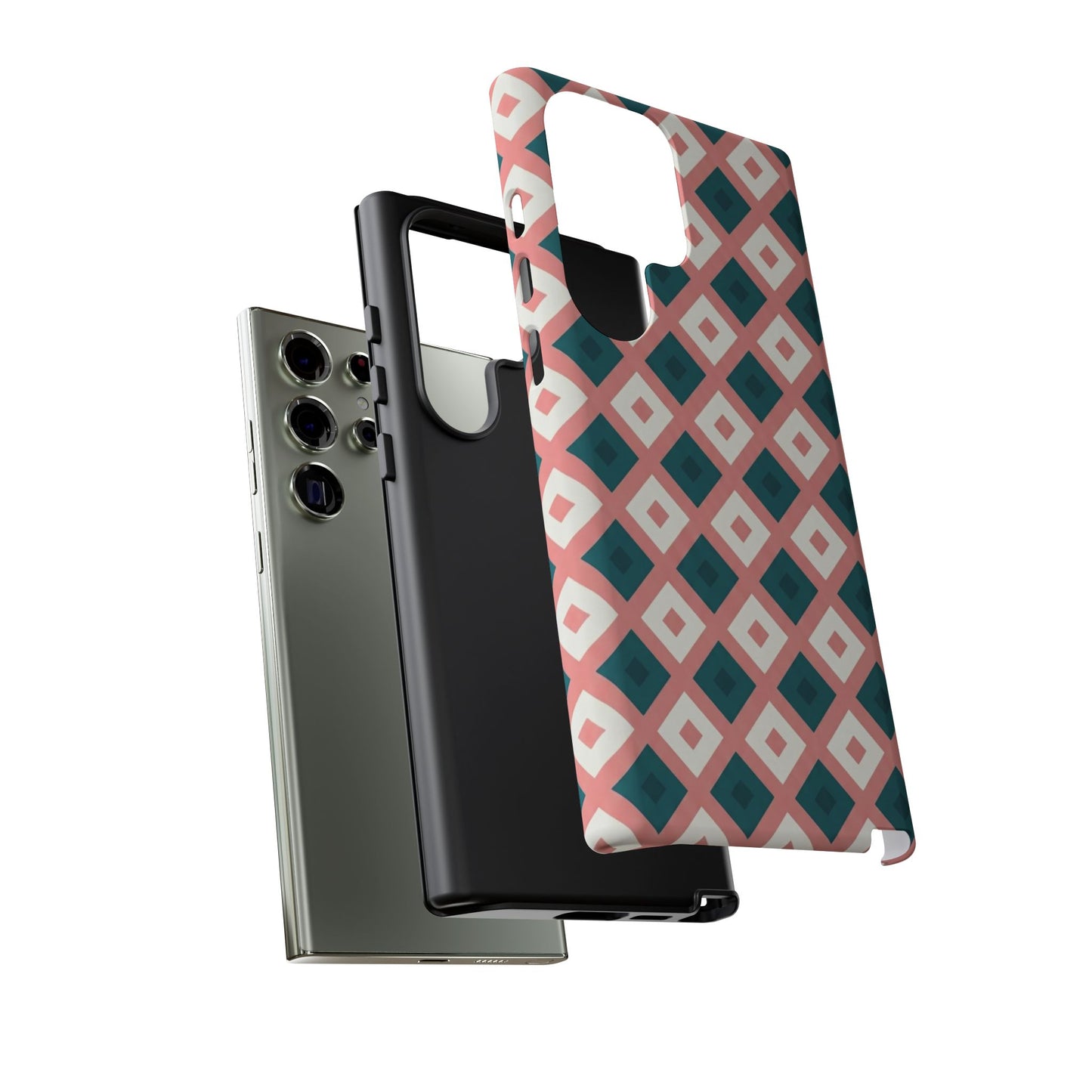 Geometric Diamond Pattern Tough Phone Case — Retro Pink & Teal Protective Cover