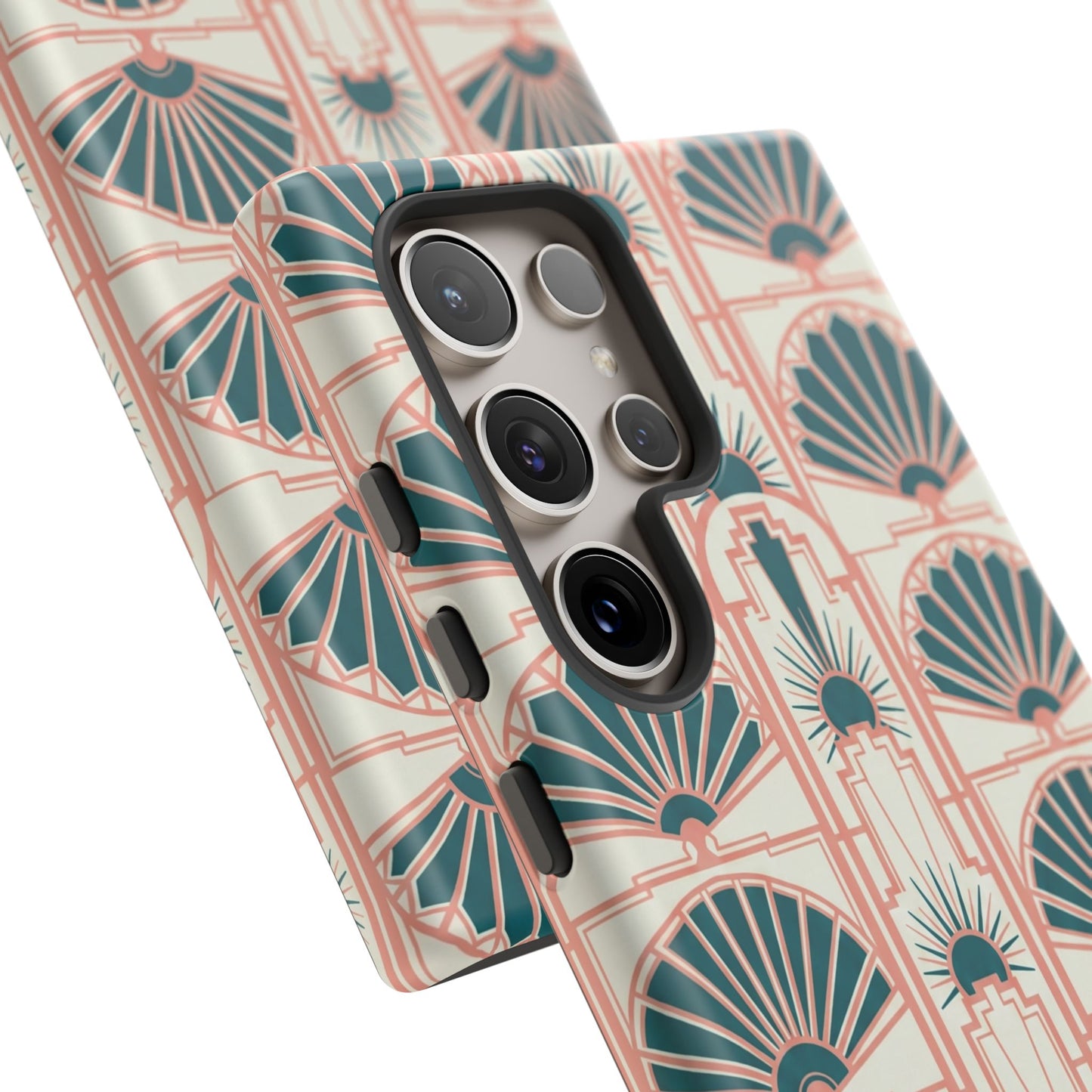 Art Deco Fan Pattern Tough Phone Case — Teal & Blush Retro Protection