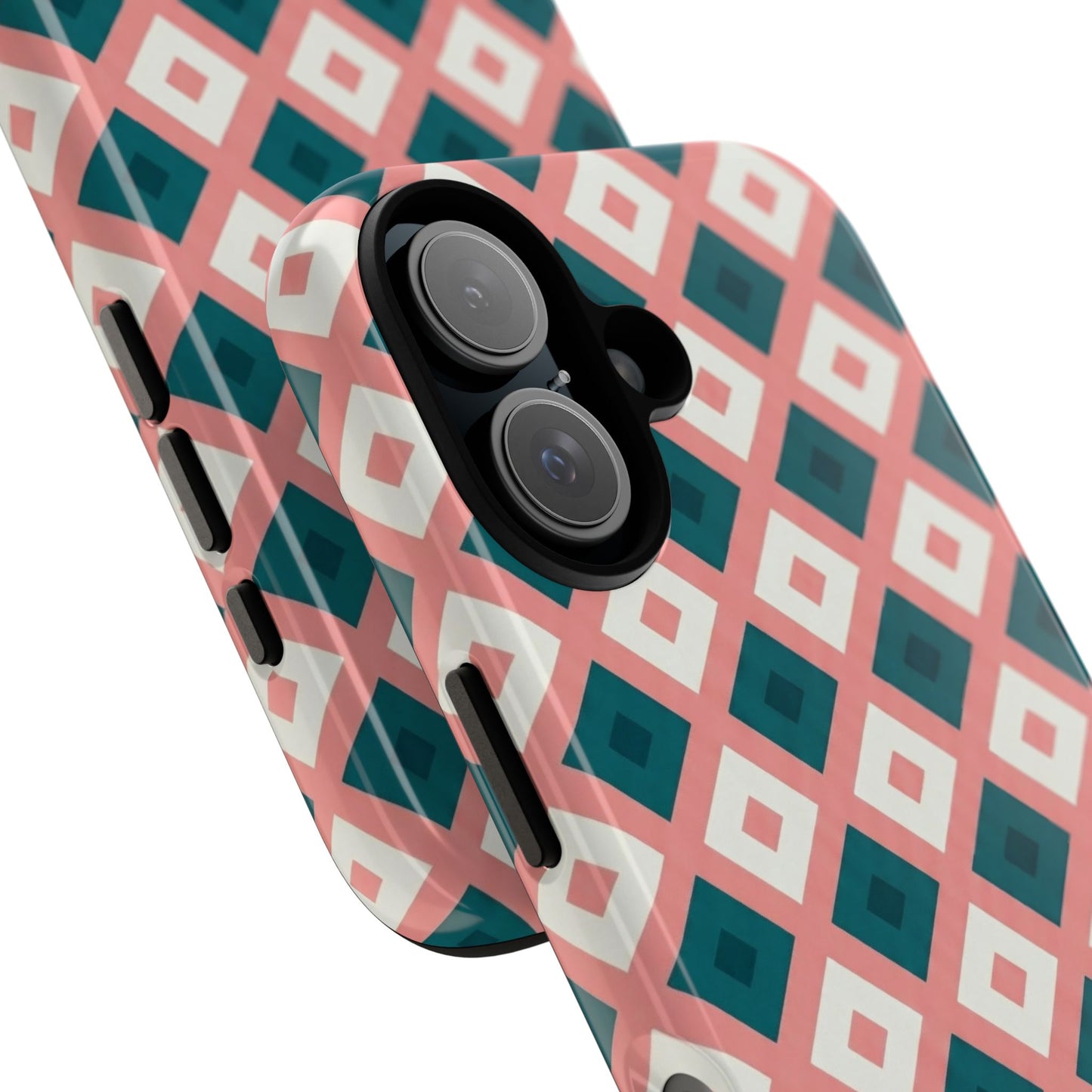 Geometric Diamond Pattern Tough Phone Case — Pink & Teal Protective Cover