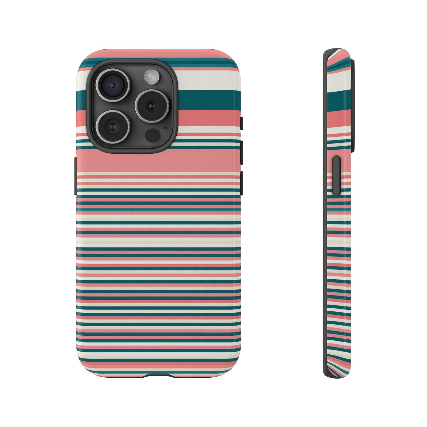 Striped Tough Phone Case — Coral, Teal & White Protective Cover