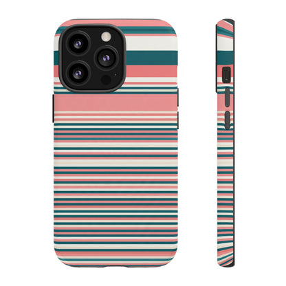 Striped Tough Phone Case — Coral, Teal & White Protective Cover