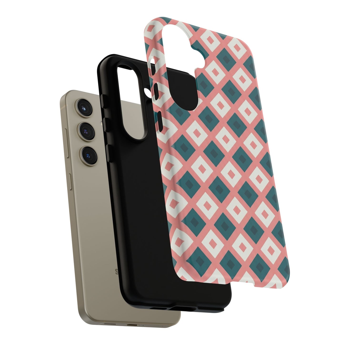 Geometric Diamond Pattern Tough Phone Case — Retro Pink & Teal Protective Cover