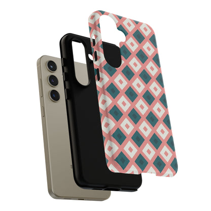 Geometric Diamond Pattern Tough Phone Case — Retro Pink & Teal Protective Cover
