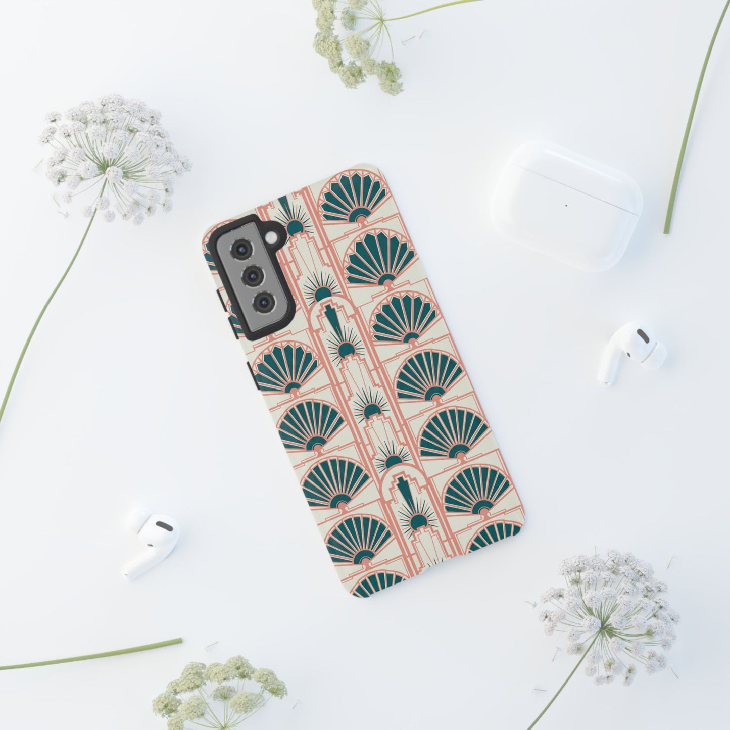 Art Deco Fan Pattern Tough Phone Case — Teal & Blush Retro Protection