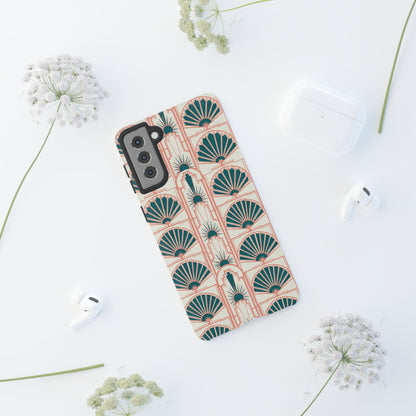 Art Deco Fan Pattern Tough Phone Case — Teal & Blush Retro Protection