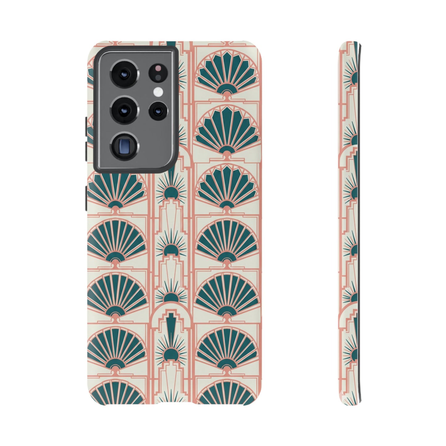 Art Deco Fan Pattern Tough Phone Case — Teal & Blush Retro Protection