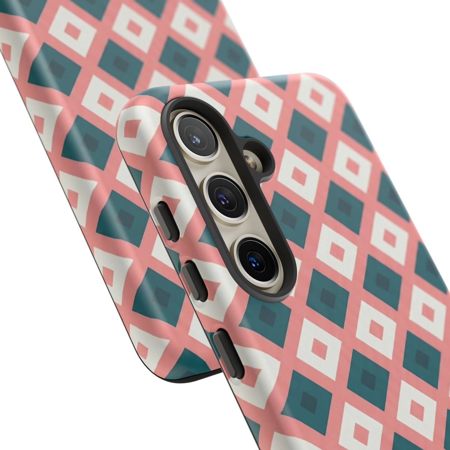 Geometric Diamond Pattern Tough Phone Case — Retro Pink & Teal Protective Cover