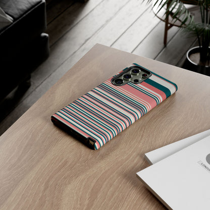 Striped Tough Phone Case — Coral, Teal & White Protective Cover