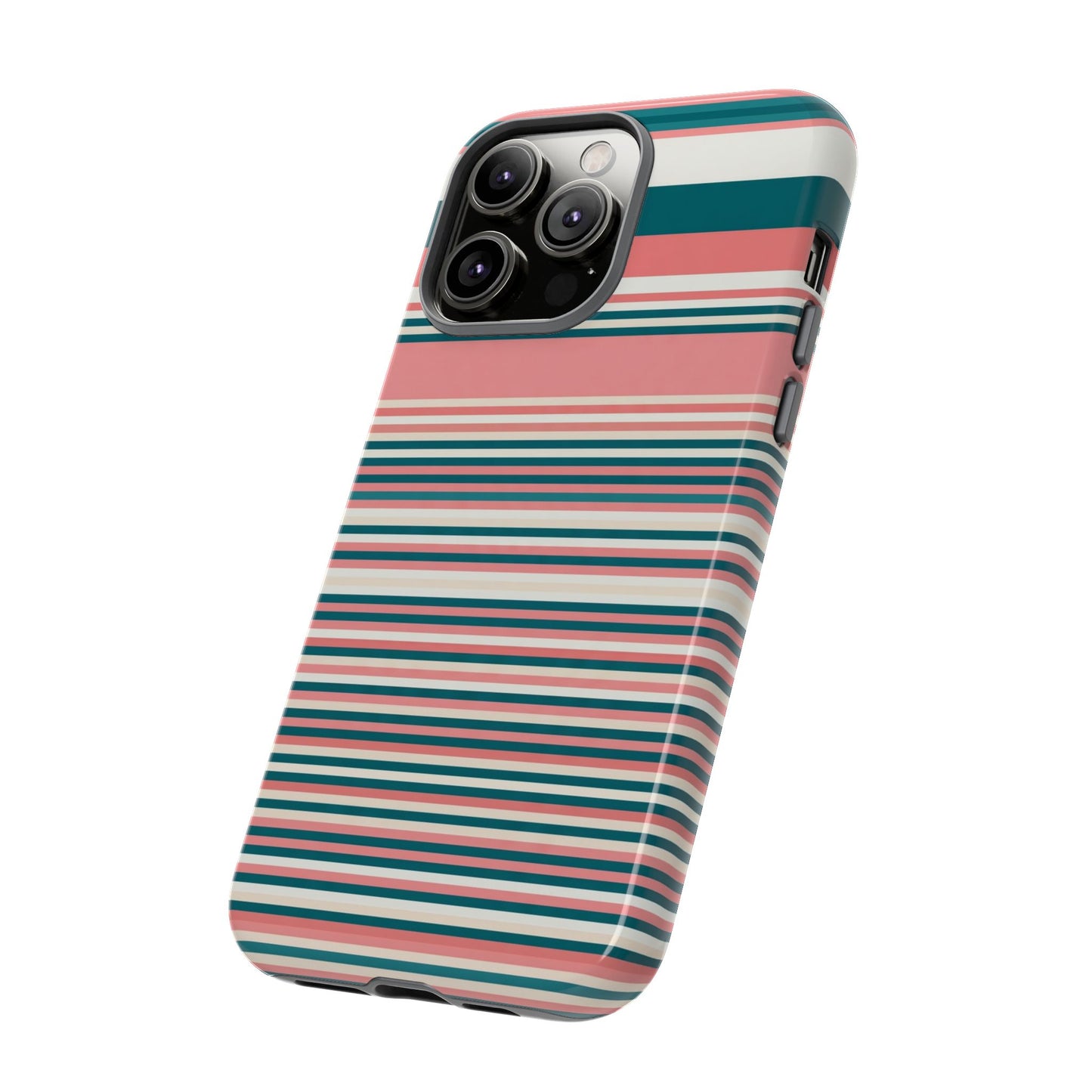 Striped Tough Phone Case — Coral, Teal & White Protective Cover