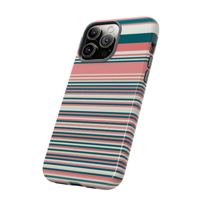 Striped Tough Phone Case — Coral, Teal & White Protective Cover
